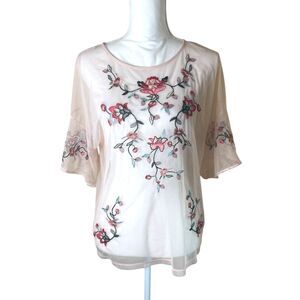 Thalia Womens Y2K Pink Sheer Mesh Floral Embroidered Top MEDIUM Fairy Coquette